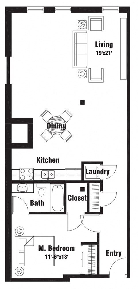 Floor plan for 1 bed, 1 bath, 970 sqft